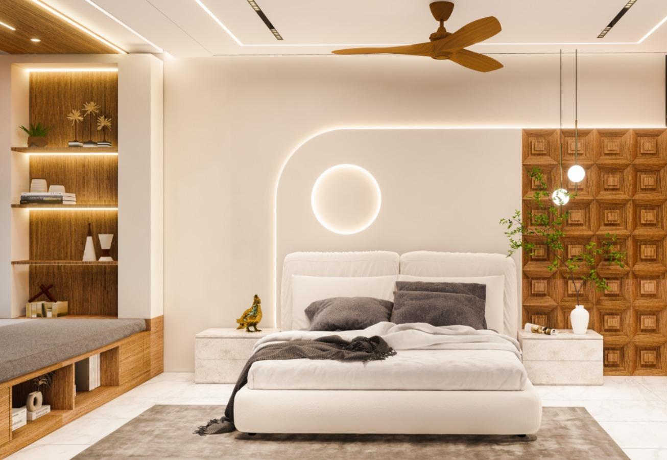 Bedroom in warm white with a teak panelled wall and a circular light halo
