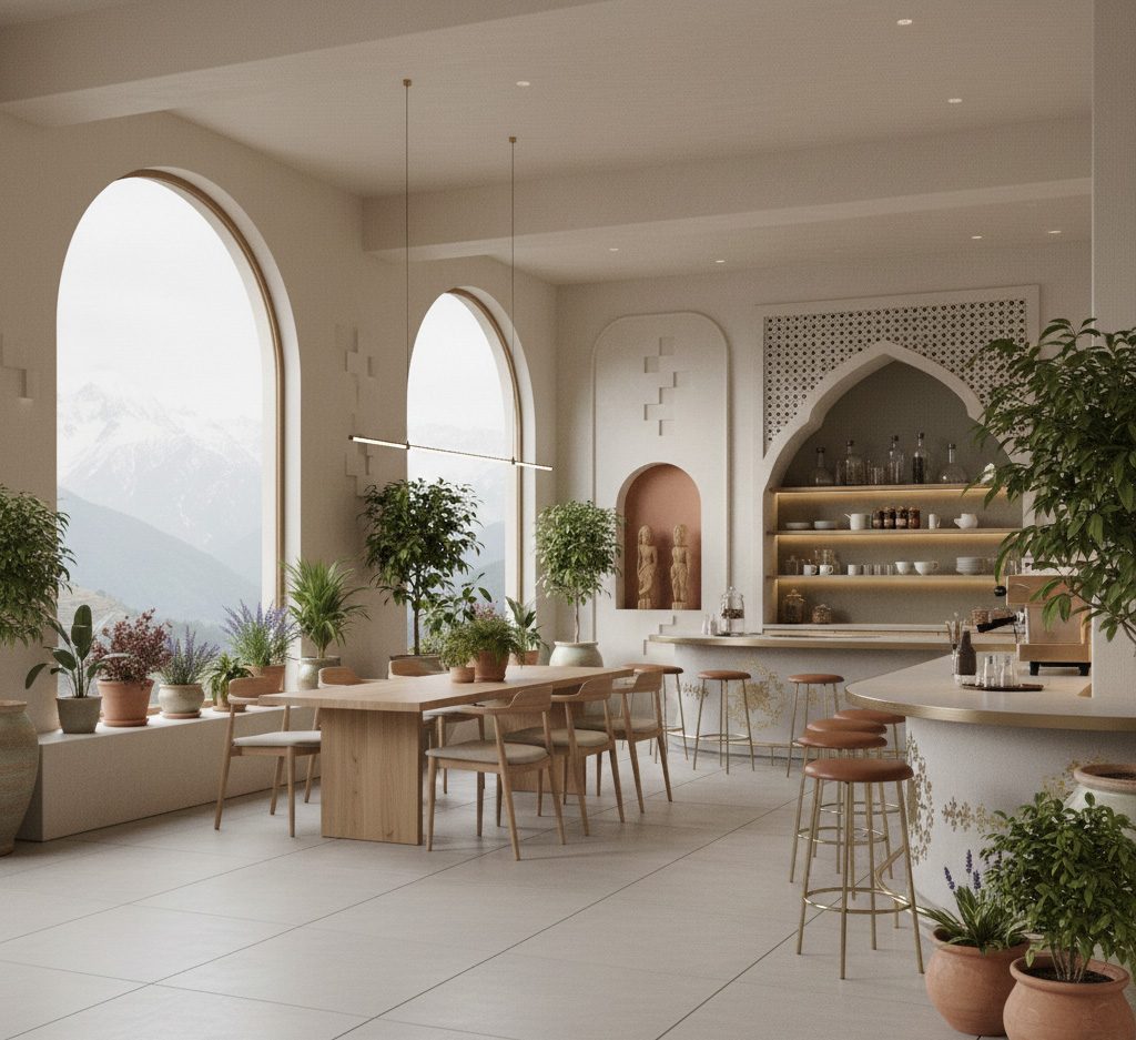 A café interior framed by tall arched windows opening onto snow-covered mountains, with pale limestone, teak furniture and brass shelving.