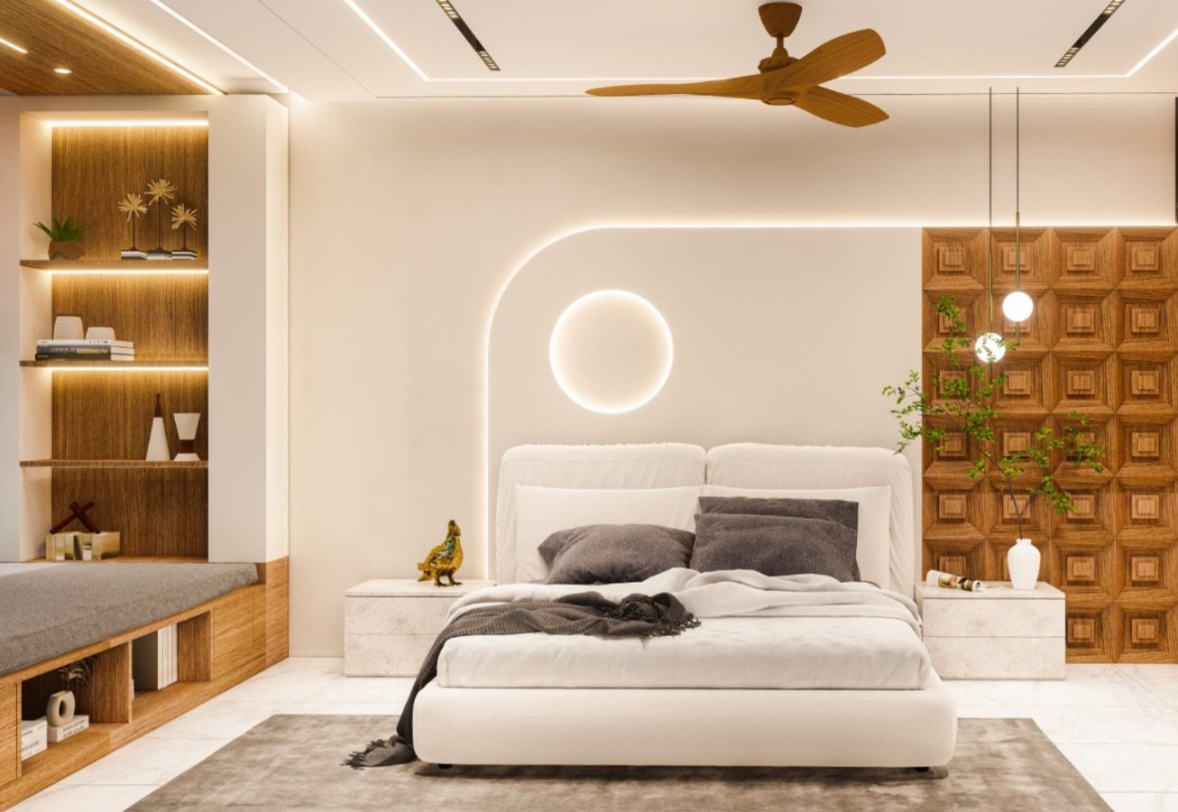 Bedroom in warm white with a teak panelled wall and a circular light halo